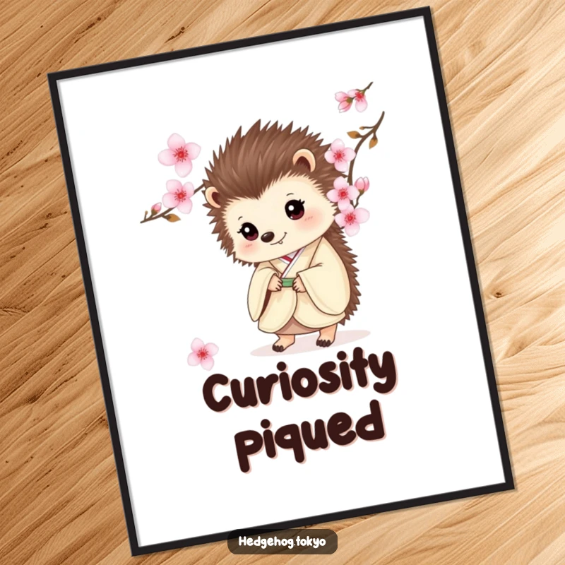 Funny poster of a cute hedgehog wearing a kimono, peeking from behind a blooming cherry blossom, creating a cheerful wall accent.