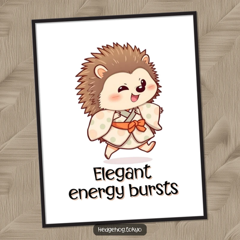 Funny hedgehog wearing a colorful, patterned kimono is shown in a playful hop with one leg extended on a poster.