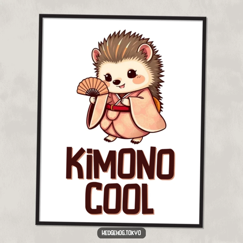 Funny hedgehog poster featuring a small, round hedgehog elegantly dressed in a detailed kimono, holding a tiny fan with grace and poise.