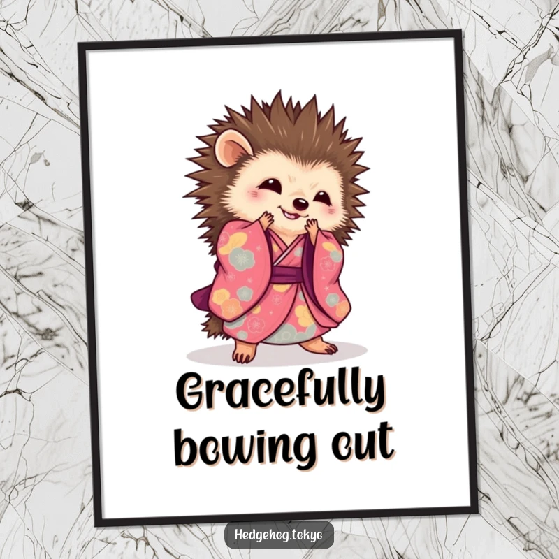 Elegant hedgehog poster artwork of a hedgehog in a vibrant kimono performing a graceful sweeping bow, oriental-inspired art.
