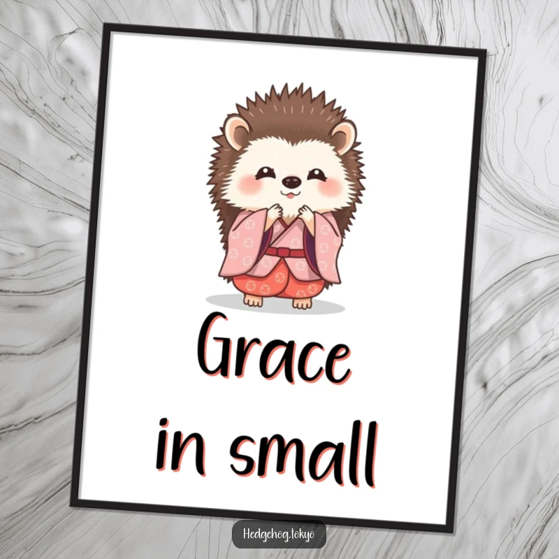 Funny hedgehog in a traditional kimono performing a small, graceful bow, printed as a high-quality wall poster.