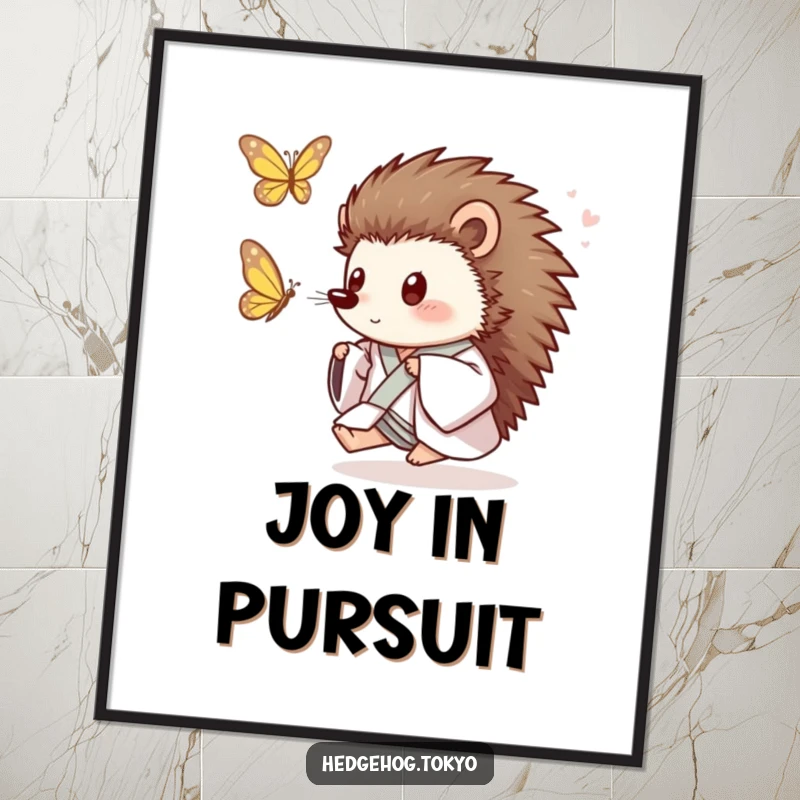 Funny Hedgehog Poster: A playful hedgehog in a loose kimono joyfully chases a fluttering butterfly, creating a lively and humorous wall display.
