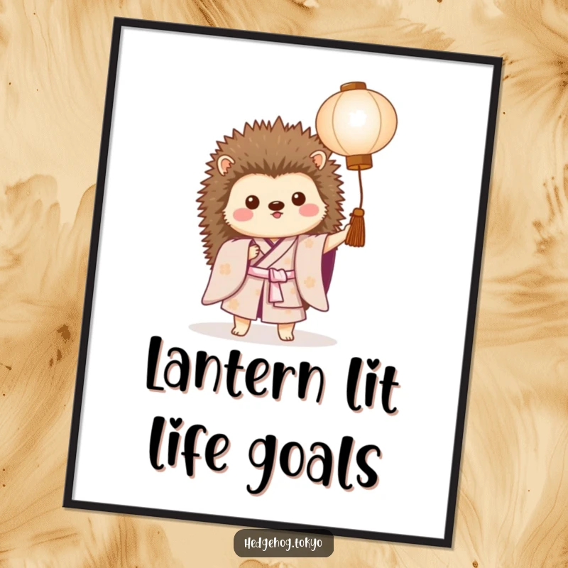 Funny poster showcasing a proud hedgehog in a kimono, holding a paper lantern, adding a touch of whimsical art to any room.