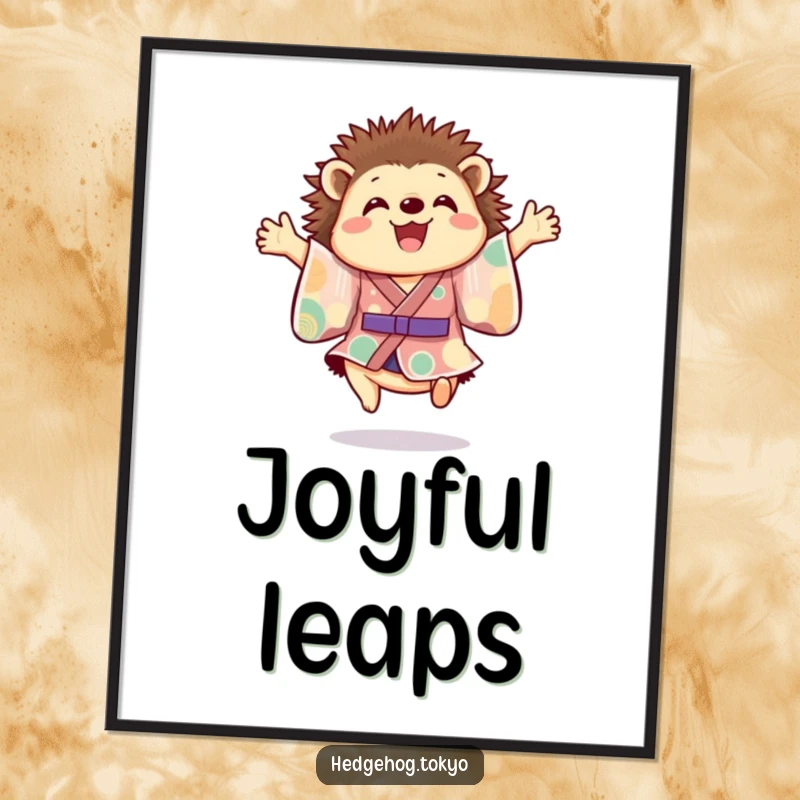 Funny hedgehog poster featuring a cheerful hedgehog in a colorful kimono, captured mid-leap with paws outstretched, radiating pure, unadulterated joy.