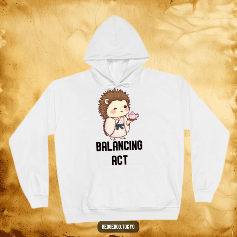 Funny Hoodie: A charming hedgehog clad in a kimono balances a delicate tea set on its spiky back, offering comical elegance.