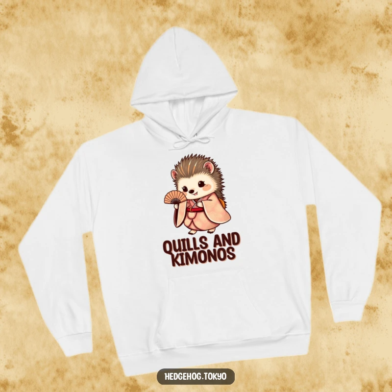 Funny hedgehog hoodie featuring a round hedgehog in an ornate kimono holding a fan, offering warmth and sophisticated, quirky style.
