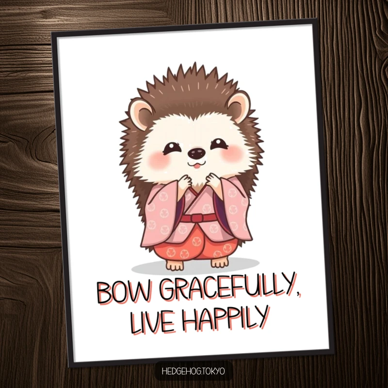 Funny Free Printable Wall Art: A hedgehog in a traditional kimono performs a tiny, graceful bow.