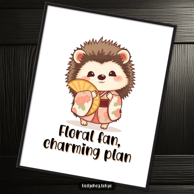 Funny Free Printable Wall Art: A hedgehog in a floral kimono playfully peeks from behind a decorative fan.