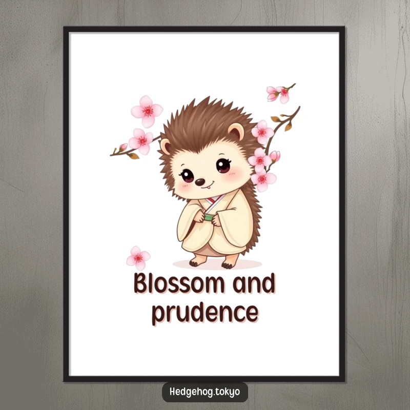 Funny free printable wall art of a curious hedgehog in a kimono peeking from behind blooming cherry blossoms.