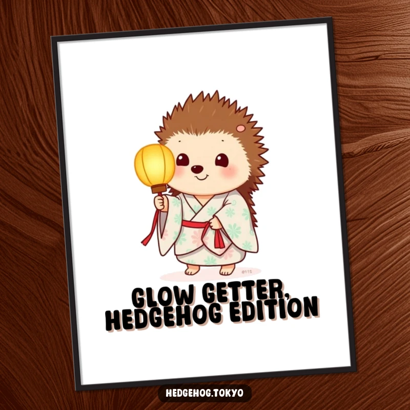 Funny free printable wall art of a hedgehog in a summer kimono holding a gently glowing paper lantern.