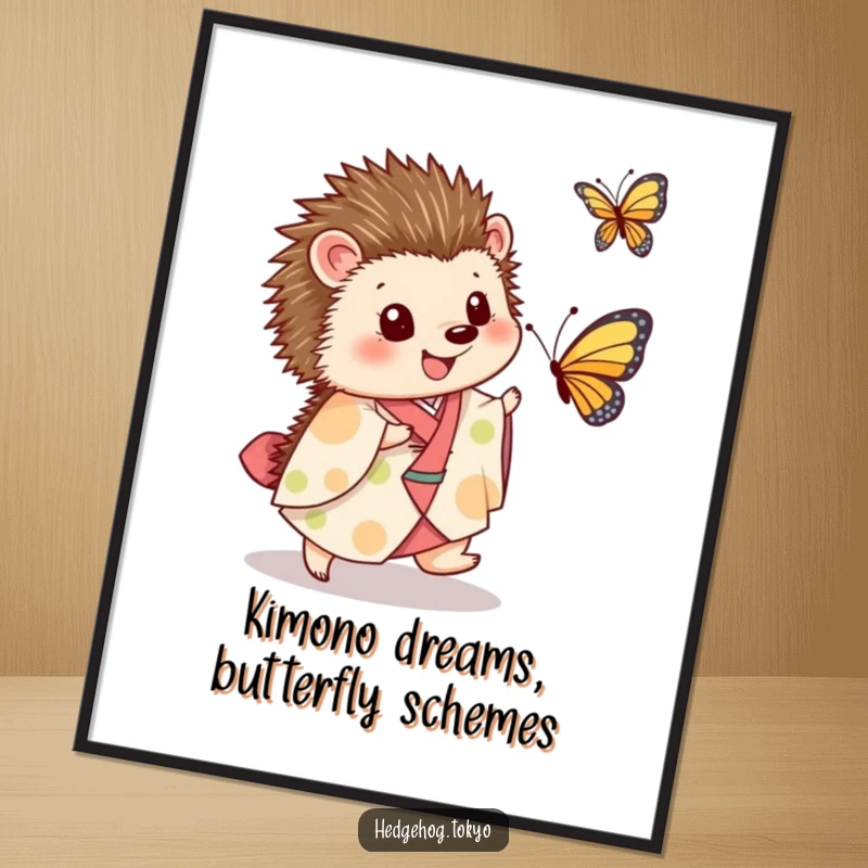 Funny Free Printable Wall Art: A whimsical hedgehog wearing a kimono joyfully chases a butterfly across a scenic background.