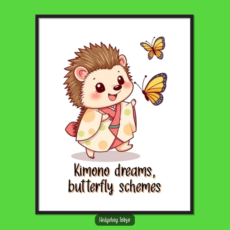 Free Printable Wall Art: Funny Hedgehog Kimono Butterfly Chase Downloadable Art