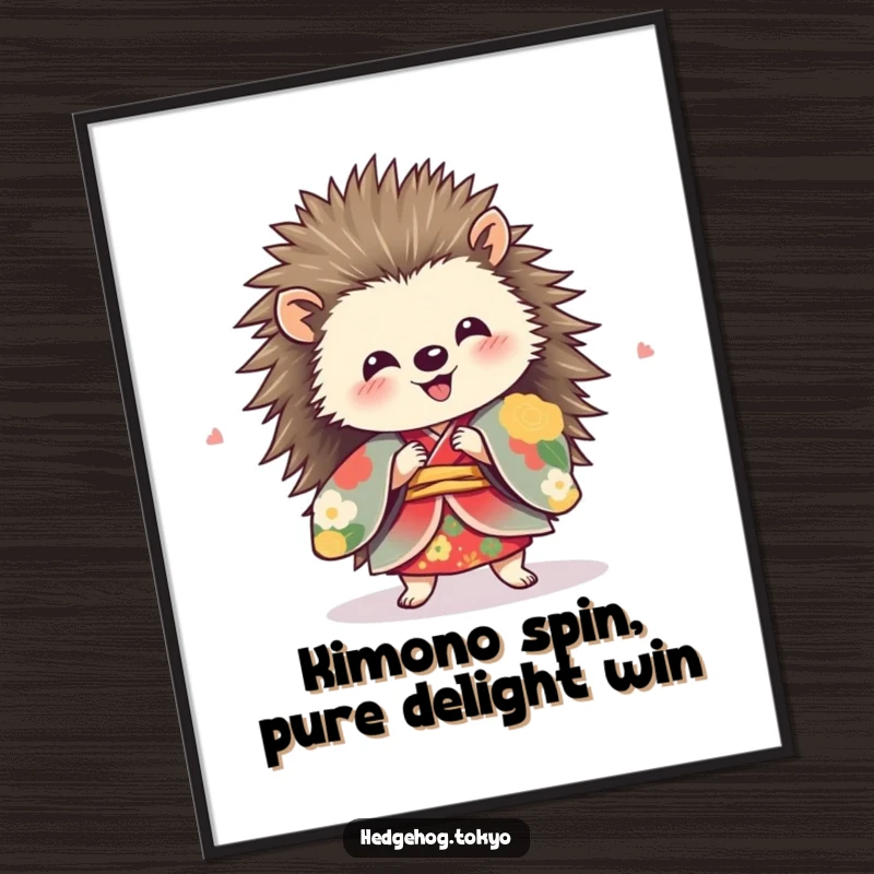 Funny Free Printable Wall Art: A hedgehog wearing a vibrant kimono spins around with uncontainable delight.