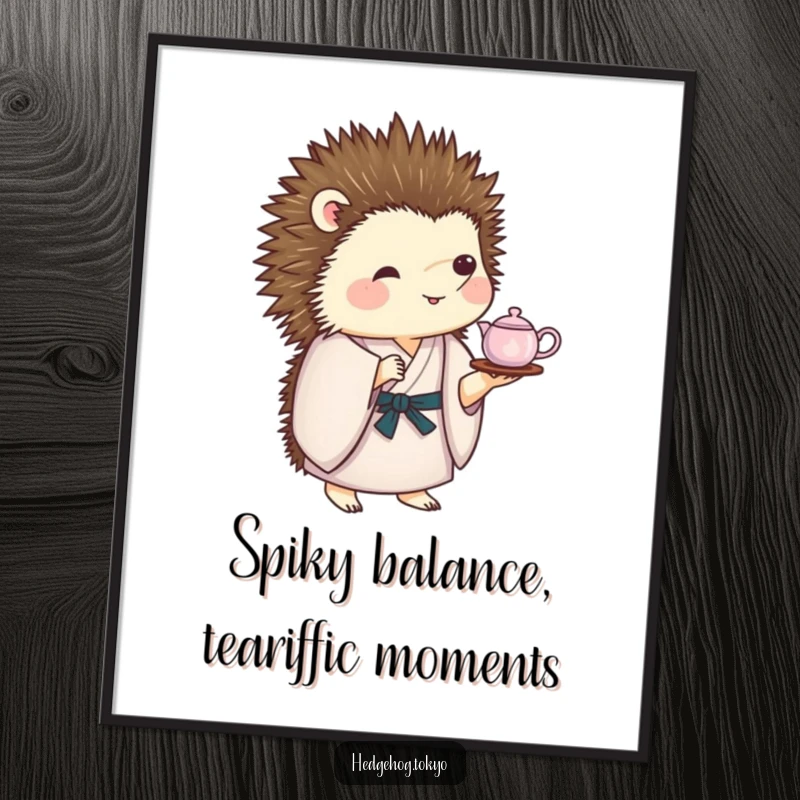 Funny Free Printable Wall Art: A hedgehog in a kimono hilariously balances a tiny tea set on its sharp quills.
