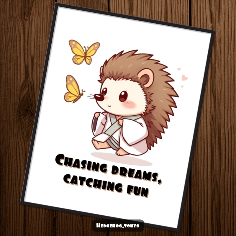 Funny Free Printable Wall Art: A playful hedgehog in a loose kimono joyfully chasing a butterfly, vibrant artwork.