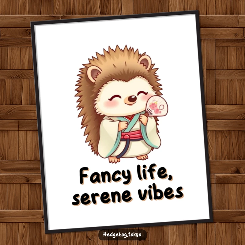 Funny Free Printable Wall Art: A hedgehog adorned in a kimono holds a delicate fan, exuding peaceful and elegant vibes.
