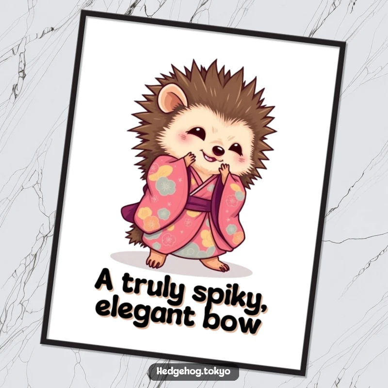 Funny Free Printable Wall Art: A hedgehog in a vibrant kimono performs a graceful, sweeping bow, bringing artistic humor to any room.
