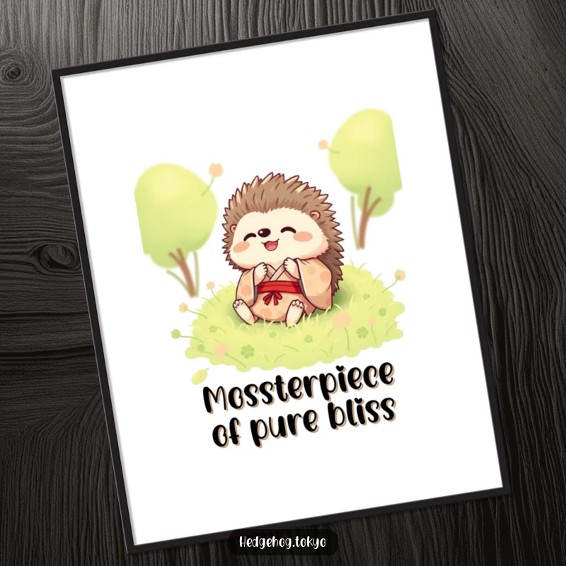 Funny free printable wall art of a happy hedgehog in a kimono joyfully rolling in soft moss.