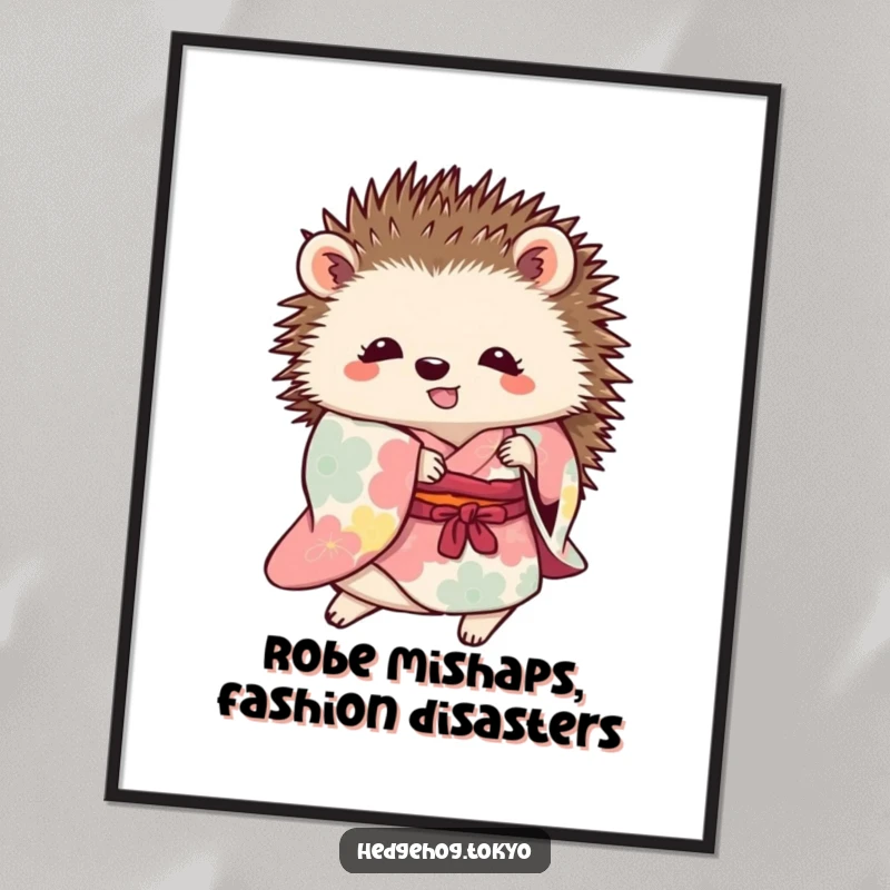 Funny Free Printable Wall Art: A hedgehog in a colorful kimono is comically tripping over its own robe, mid-tumble.