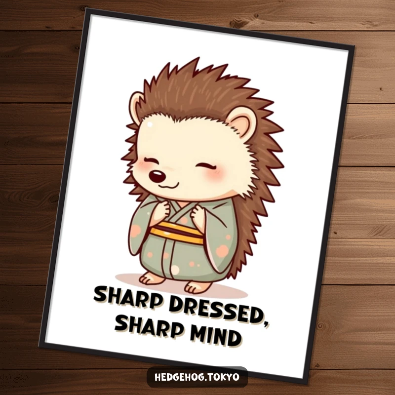 Funny Free Printable Wall Art: An elegant hedgehog in a formal kimono bowing with a gentle smile, chic decor.