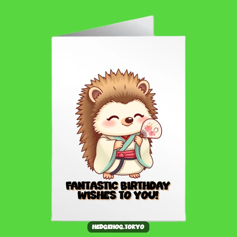 Free Printable Birthday Card: Serene Hedgehog Kimono Fan Elegance
