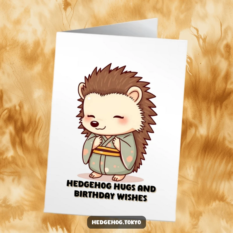 Funny Free Printable Birthday Card: An elegant hedgehog in a formal kimono bowing politely with a gentle smile.