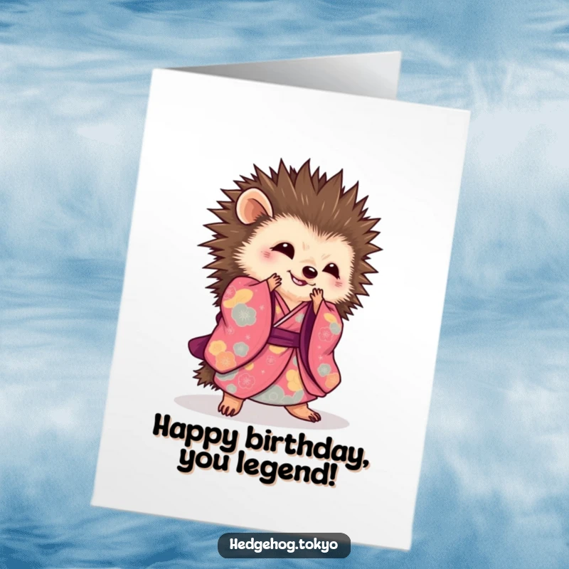 Funny Free Printable Birthday Card: A hedgehog in a kimono performs a sweeping bow, wishing a happy birthday with quirky charm.