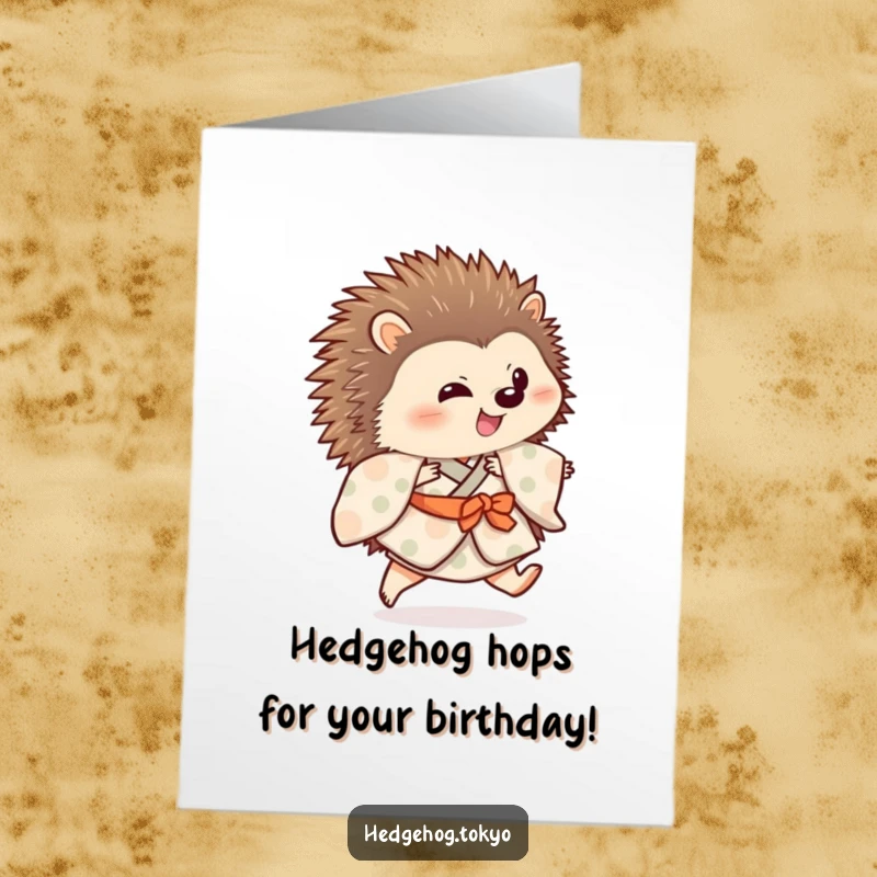 Funny Free Printable Birthday Card: Hedgehog in a patterned kimono doing a playful hop with one leg gracefully extended.
