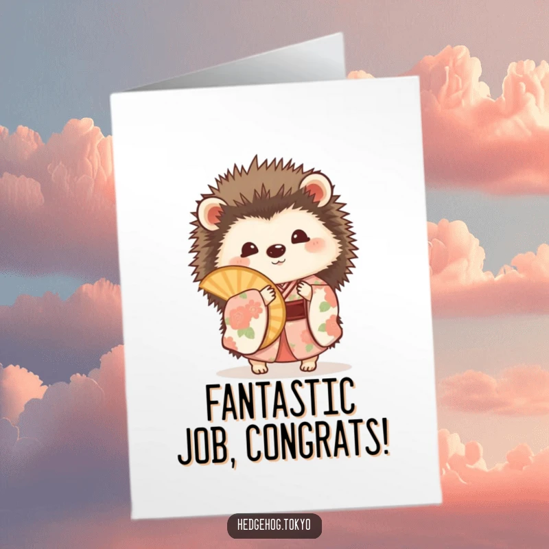 Funny Free Printable Congratulations Card: A hedgehog in a floral kimono playfully peeks from behind a fan, sharing joy.