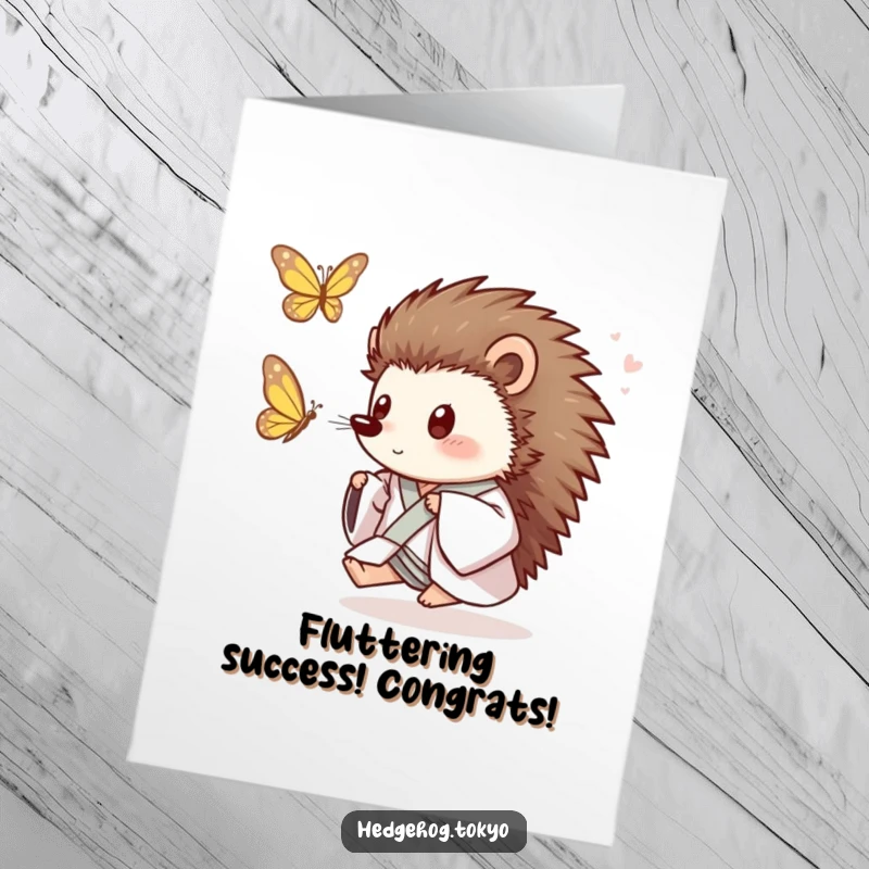 Funny Free Printable Congrats Card: An excited hedgehog in a kimono joyfully chasing a butterfly, celebrating wins.