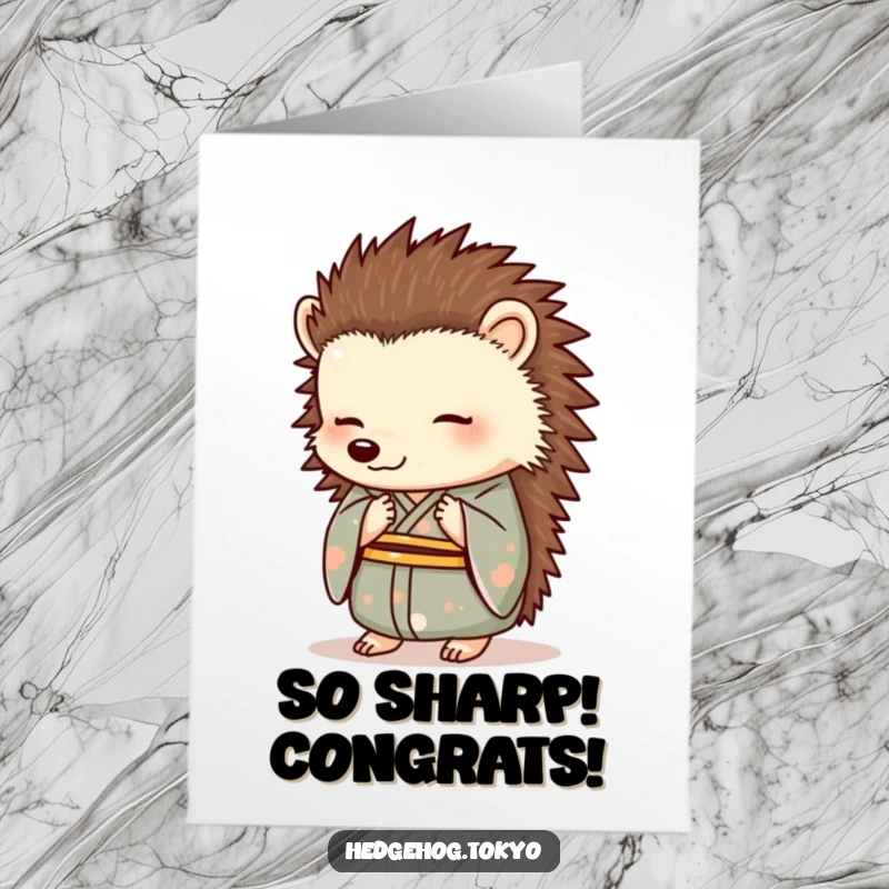 Funny Free Printable Congrats Card: A formal hedgehog in a kimono bowing elegantly to celebrate success with a smile.