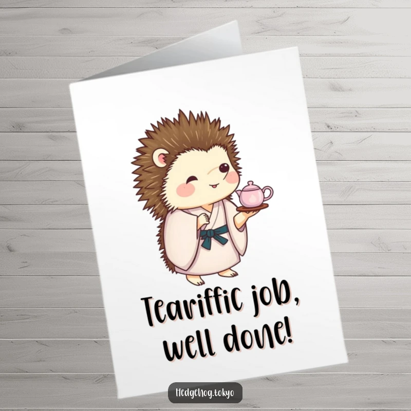 Funny Free Printable Congratulations Card: A hedgehog dressed in a kimono expertly balances a miniature tea set on its quills.
