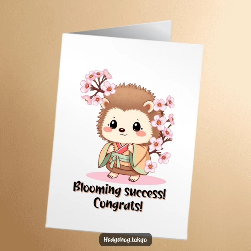 Funny Free Printable Congrats Card: A curious hedgehog in a kimono peeking out, celebrating success with a smile.