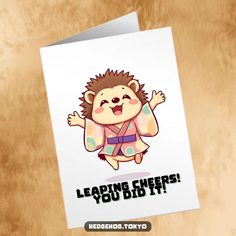 Funny Free Printable Congratulations Card: A hedgehog in a colorful kimono leaps with outstretched paws.