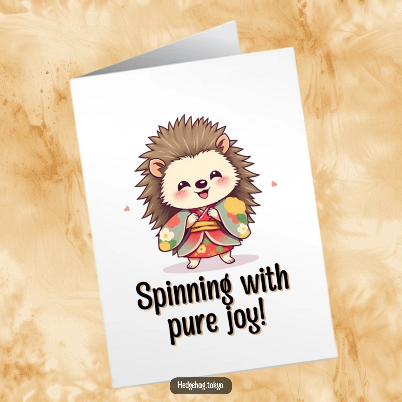 Funny Free Printable Congratulations Card: A hedgehog in a vibrant kimono spins with sheer delight and excitement.