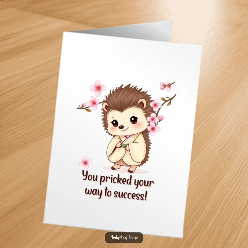 Funny free printable congratulations card with a hedgehog in a kimono peeking from behind cherry blossoms.