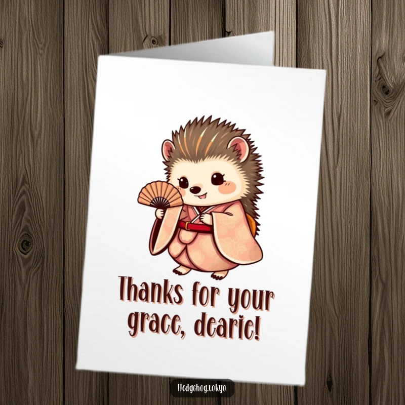 Funny Free Printable Thank You Card: A small hedgehog in a flowing kimono gracefully holds a tiny fan.