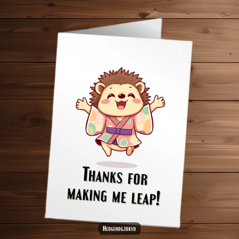 Funny Free Printable Thank You Card: A cheerful hedgehog leaps with joy, paws outstretched mid-air.