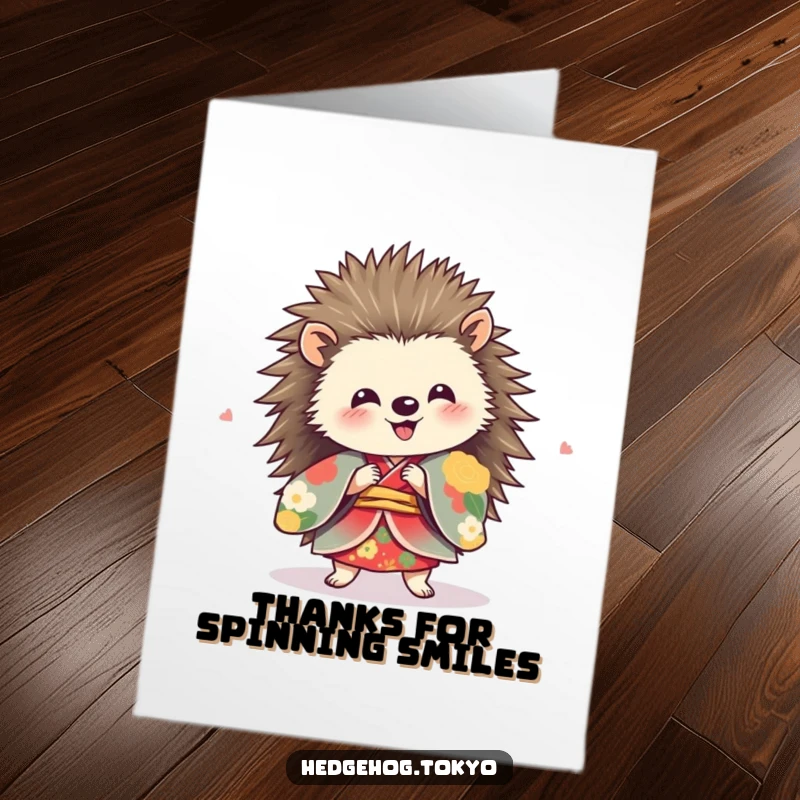Funny Free Printable Thank You Card: A hedgehog in a vibrant kimono spins joyfully, conveying heartfelt thanks.
