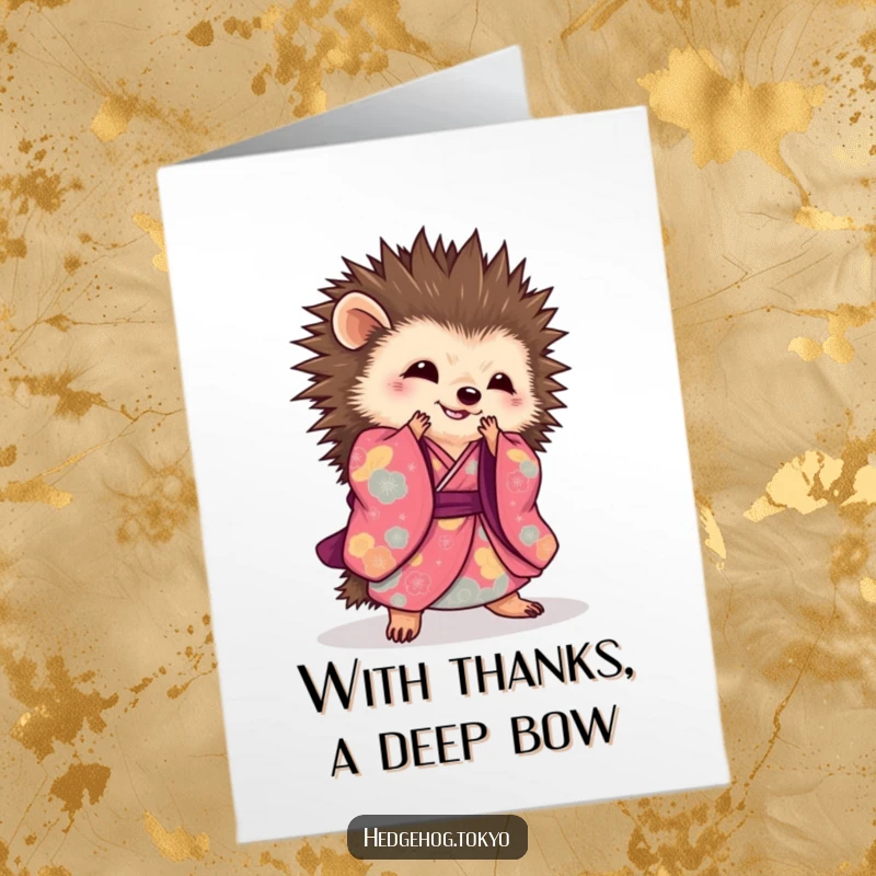 Funny Free Printable Thank You Card: A hedgehog in a kimono performing a sweeping bow, offering a humorous and thankful greeting.