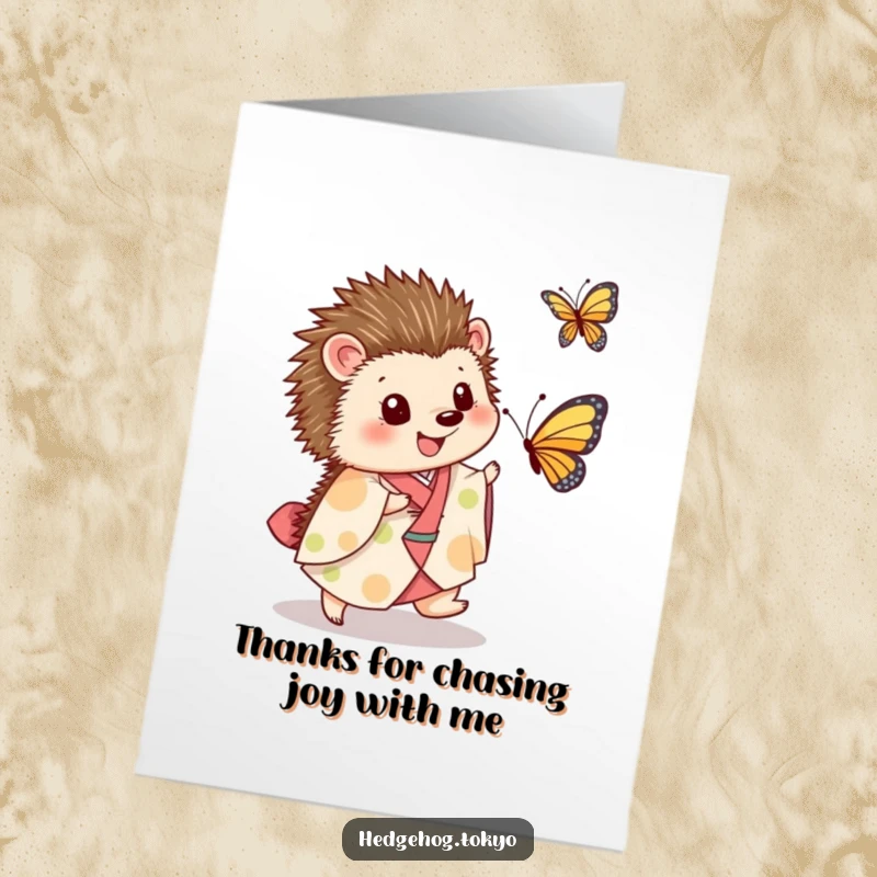 Funny Free Printable Thank You Card: A hedgehog in a kimono joyfully runs after a fluttering butterfly, radiating happiness.