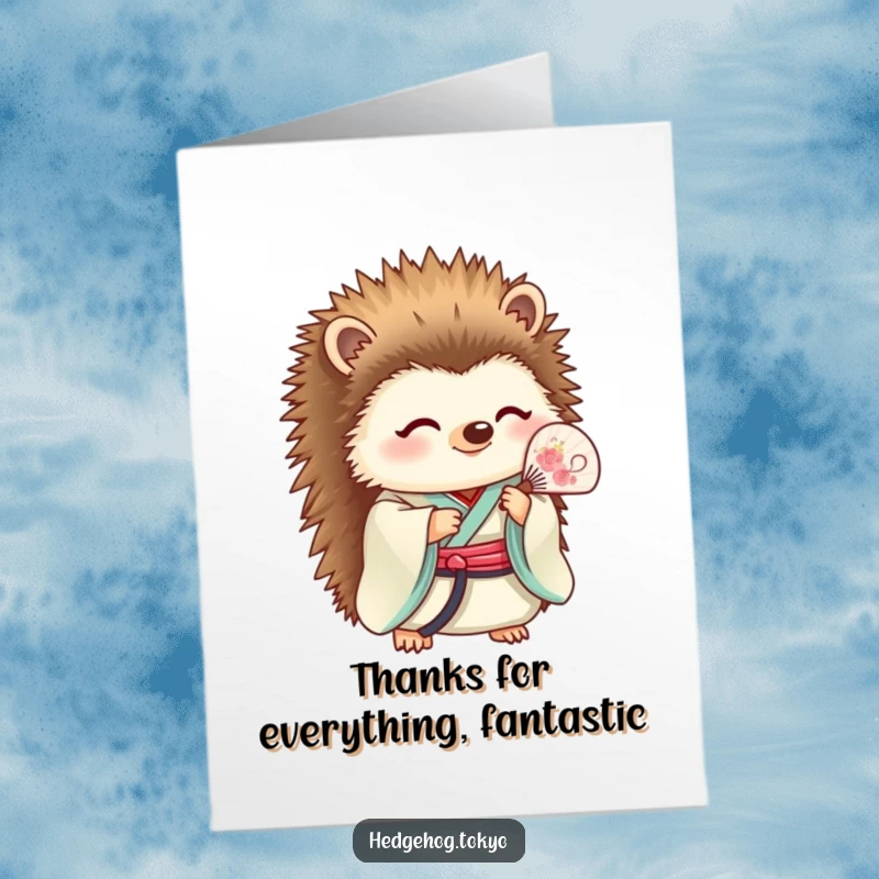 Funny Free Printable Thank You Card: A hedgehog in a traditional kimono holds a fan, radiating a sense of calm and gratitude.