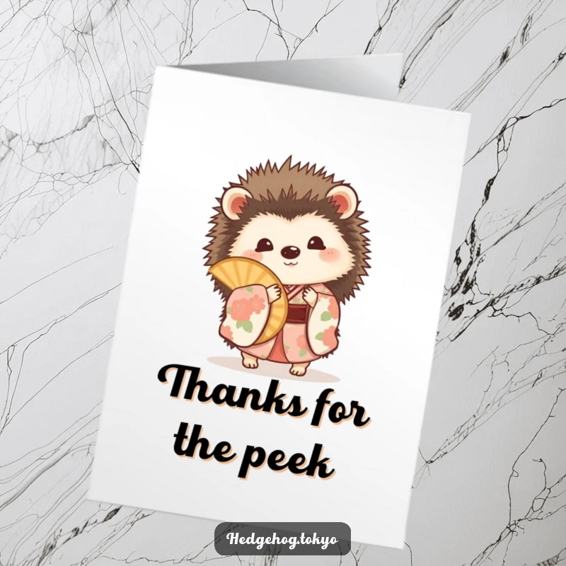 Funny Free Printable Thank You Card: A hedgehog wearing a floral kimono playfully peeks from behind a fan, sending thanks.