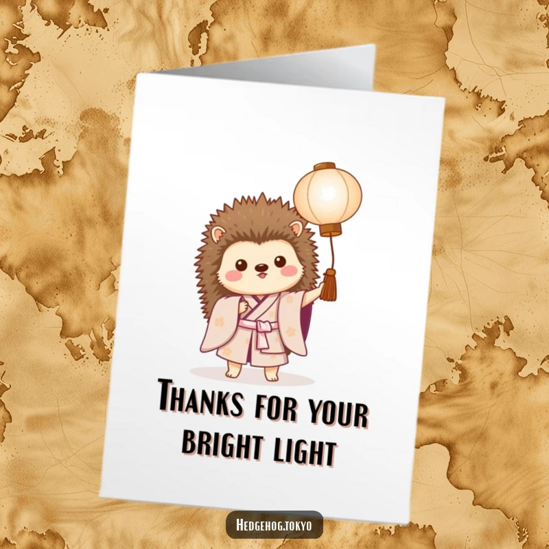 Free Printable Thank You Card: A cute hedgehog in a kimono holds a lantern, offering heartfelt thanks with humor.