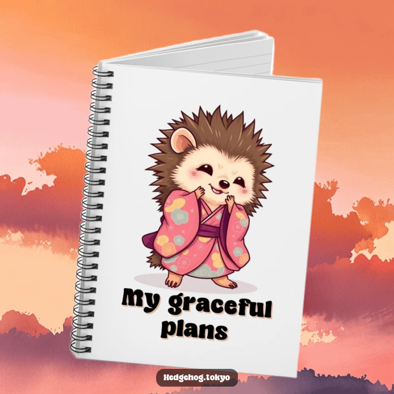 Elegant hedgehog notebook with a hedgehog in a kimono performing a graceful sweeping bow, great for writing and journaling.