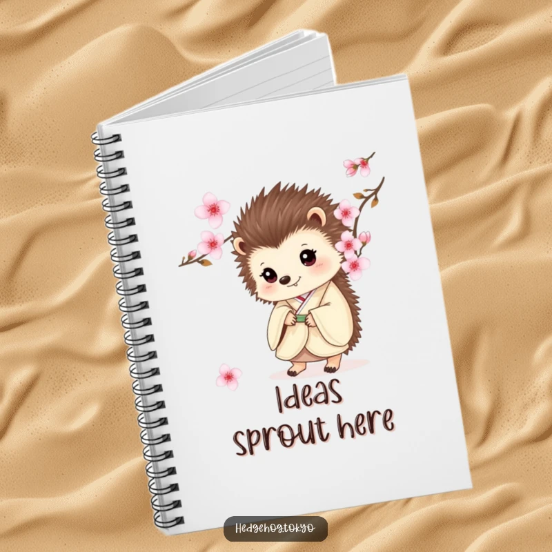 Funny notebook with a hedgehog in a kimono, peeking from behind cherry blossoms, ideal for notes and creative writing.