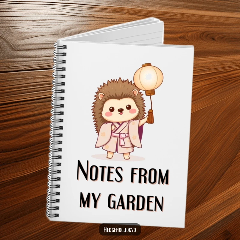 Funny notebook with a proud hedgehog in a kimono holding a lantern, perfect for journaling or sketching with a humorous twist.