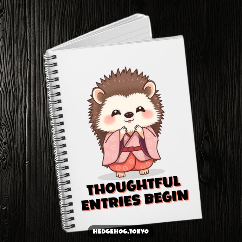 Funny hedgehog in a traditional kimono, doing a tiny, graceful bow on the cover of a stylish notebook.