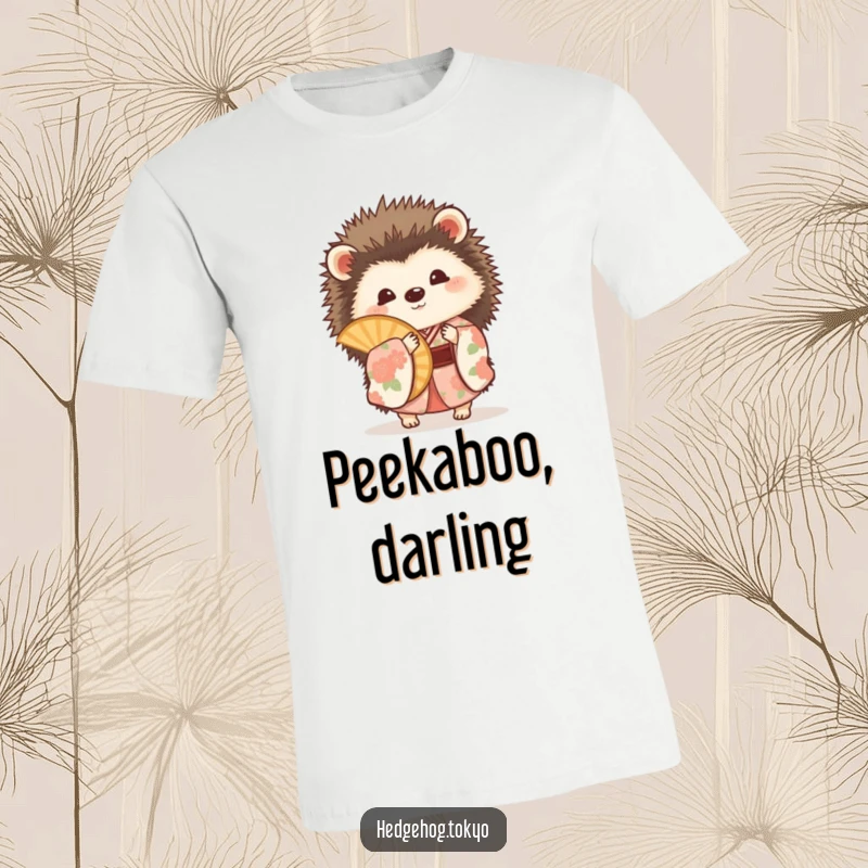 Funny hedgehog in a floral kimono, playfully peeking out from behind a fan, printed on a soft, comfortable t-shirt.
