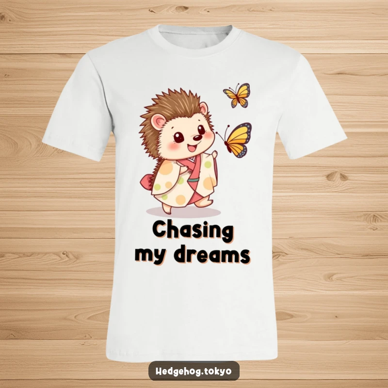 Funny T-Shirt: A happy hedgehog in a traditional kimono joyfully leaps to catch a delicate butterfly, radiating pure, unadulterated fun.